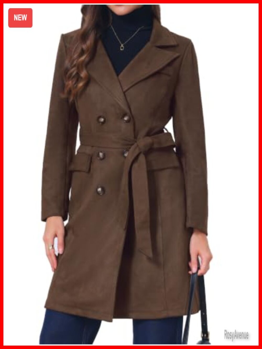 Faux Suede Trench Coat Notched Lapel Mid-Long Overcoat Belted